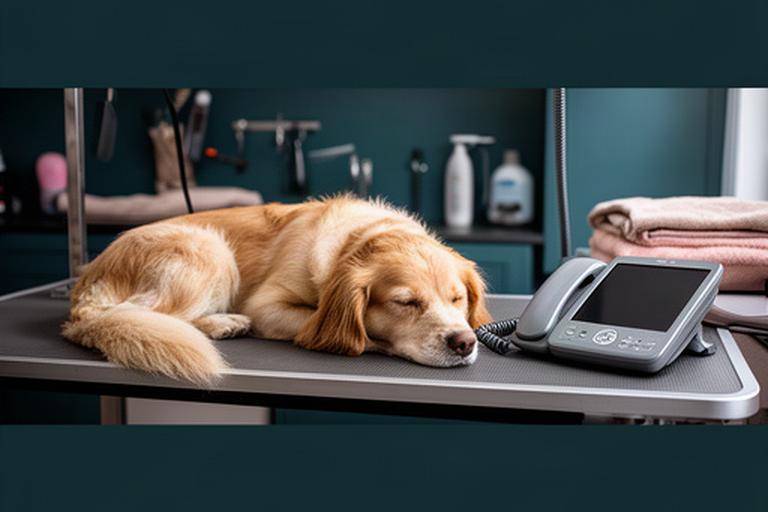 Perro tranquilo junto a un teléfono en una peluquería de mascotas de Mula