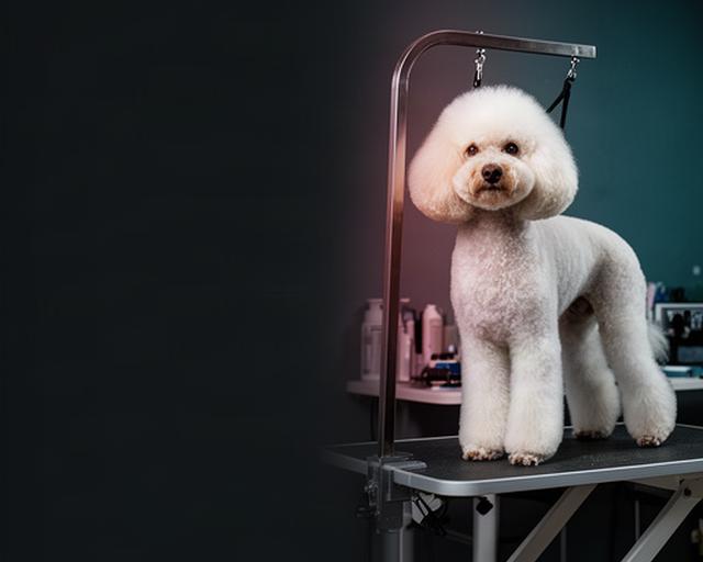 Caniche con corte continental junto a una mesa de peluquería canina en Mula