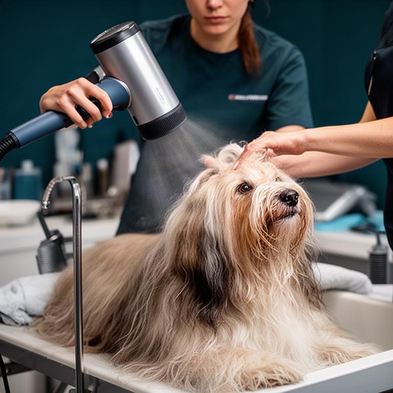 Profesional secando con cuidado a un perro de pelo largo tras un baño hipoalergénico en Mula